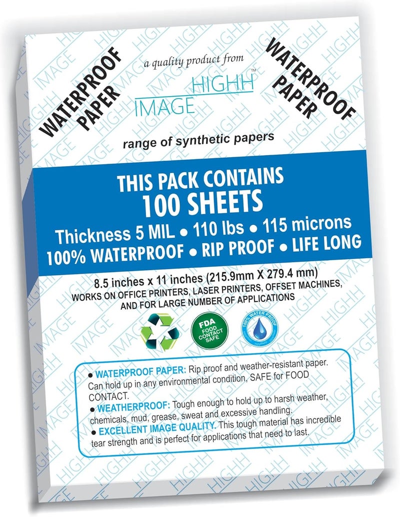 HIGHH IMAGE Waterproof Paper, 100 Sheets, Thickness 5 MIL, 160 gsm, Synthetic Paper, A4 210 x 297 mm by | Laser Printer Printing | Office Printers - Image 1
