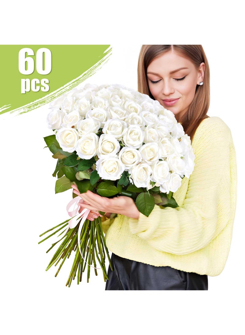 Arabest 60 قطعة من الورود الصناعية من المخمل والحرير الأبيض للزينة في حفلات الزفاف وباقات العرائس ويوم الأم ويوم الحب وزينة المنزل (60، أبيض) - Image 3