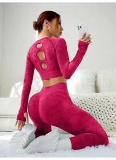 Cross-border Seamless Yoga Clothing Hollow-out Beautiful Back Long Sleeve Hip Yoga Pants Sports Suit Fitness Clothing Yoga Suit Women Red