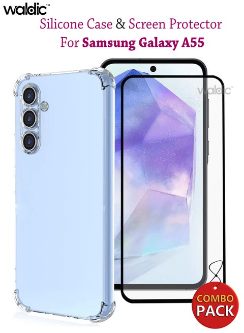 Samsung Galaxy A55 5G Silicone Case Cover With Tempered Glass Screen Protector For Samsung Galaxy A55