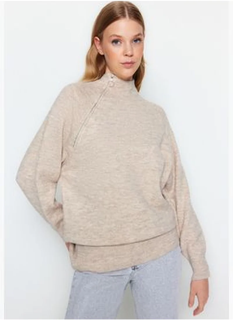trendyol Stone Soft Texture Zipper Detailed Knitwear Sweater TWOAW24KZ00205