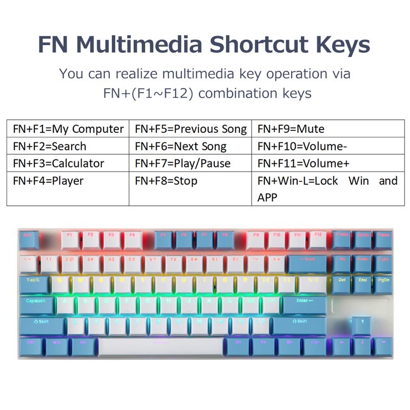 iBlancod K87 87 Keys Wired Mechanical Keyboard Metal Panel Two-color Injection Keycap 20 Light Effects Blue&White(Blue Switches) - Image 3
