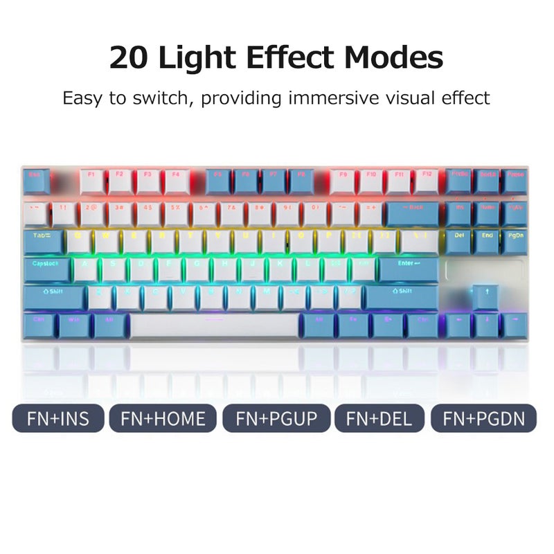 iBlancod K87 87 Keys Wired Mechanical Keyboard Metal Panel Two-color Injection Keycap 20 Light Effects Blue&White(Blue Switches) - Image 2
