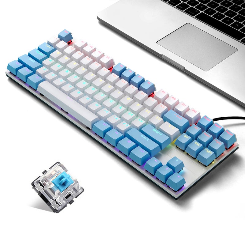 iBlancod K87 87 Keys Wired Mechanical Keyboard Metal Panel Two-color Injection Keycap 20 Light Effects Blue&White(Blue Switches) - Image 1