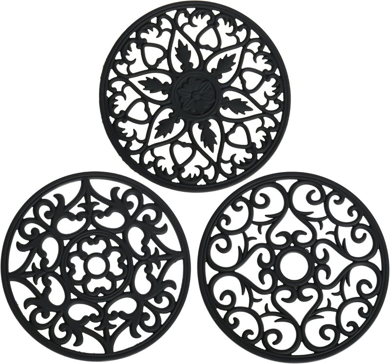 Smithcraft Smitchraft Silicone Trivets for Hot Dishes, Pots and Pans, Hot Pads for Kitchen Quartz Countertops, Silicone Pot Holders Mat, Multi-use Carved Heat Resistant Mat for Counter & Table, Set of 3 Black - Image 1
