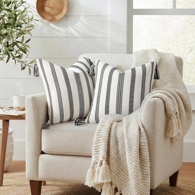 Smile Bee Boho Outdoor Couch Throw Pillow Covers Set of 2, Decorative Thick Woven Striped Accent Neutral Pillow Covers with Tassels for Bed Sofa Home Decor, 18x18 Inch, Black and Cream White - Image 4