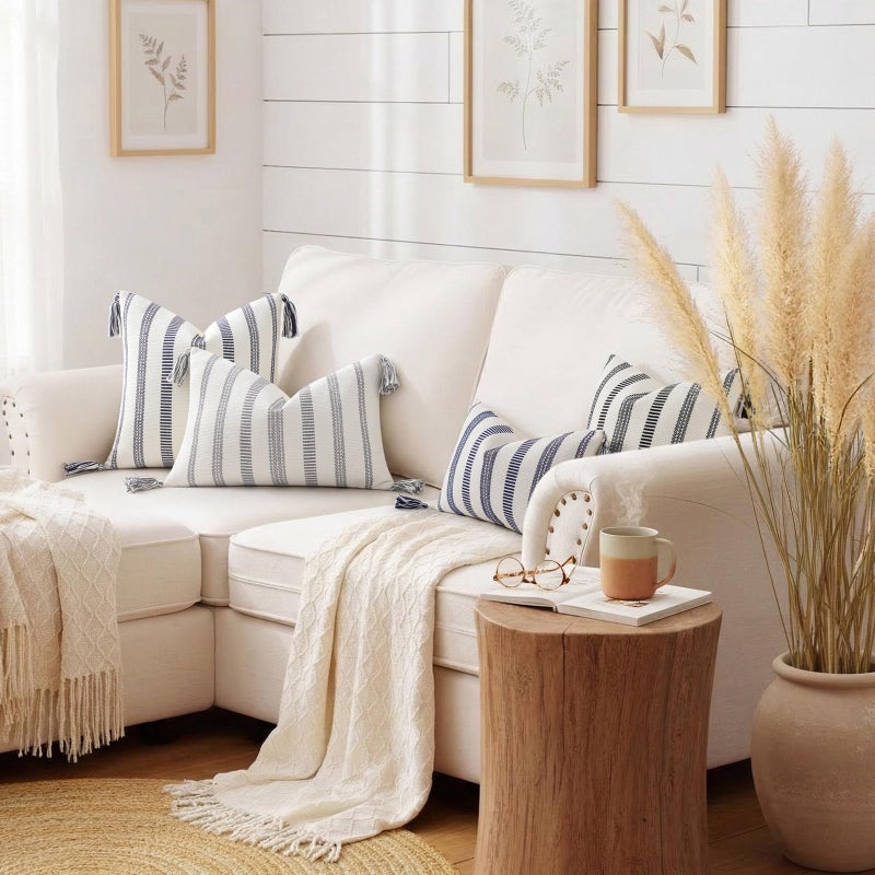 Smile Bee Boho Outdoor Couch Throw Pillow Covers Set of 2, Decorative Thick Woven Striped Accent Neutral Pillow Covers with Tassels for Bed Sofa Home Decor, 18x18 Inch, Black and Cream White - Image 3