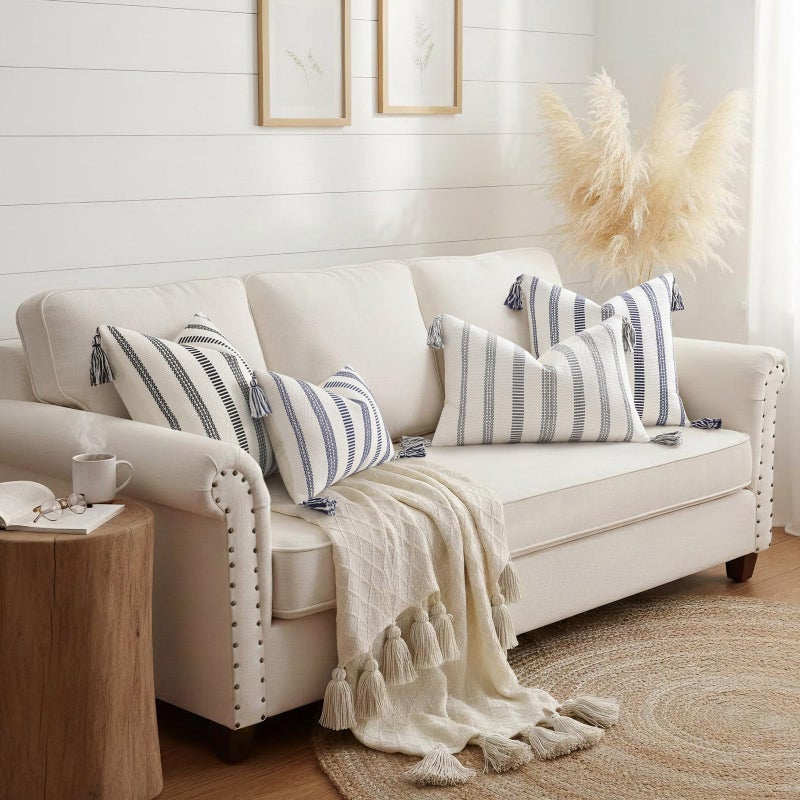 Smile Bee Boho Outdoor Couch Throw Pillow Covers Set of 2, Decorative Thick Woven Striped Accent Neutral Pillow Covers with Tassels for Bed Sofa Home Decor, 18x18 Inch, Black and Cream White - Image 5