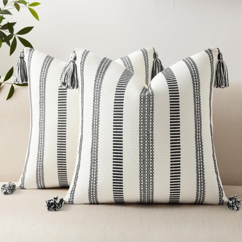 Smile Bee Boho Outdoor Couch Throw Pillow Covers Set of 2, Decorative Thick Woven Striped Accent Neutral Pillow Covers with Tassels for Bed Sofa Home Decor, 18x18 Inch, Black and Cream White - Image 1