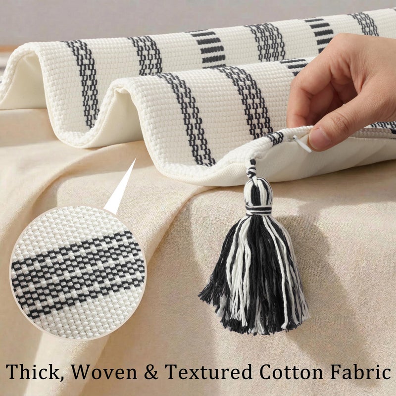 Smile Bee Boho Outdoor Couch Throw Pillow Covers Set of 2, Decorative Thick Woven Striped Accent Neutral Pillow Covers with Tassels for Bed Sofa Home Decor, 18x18 Inch, Black and Cream White - Image 2