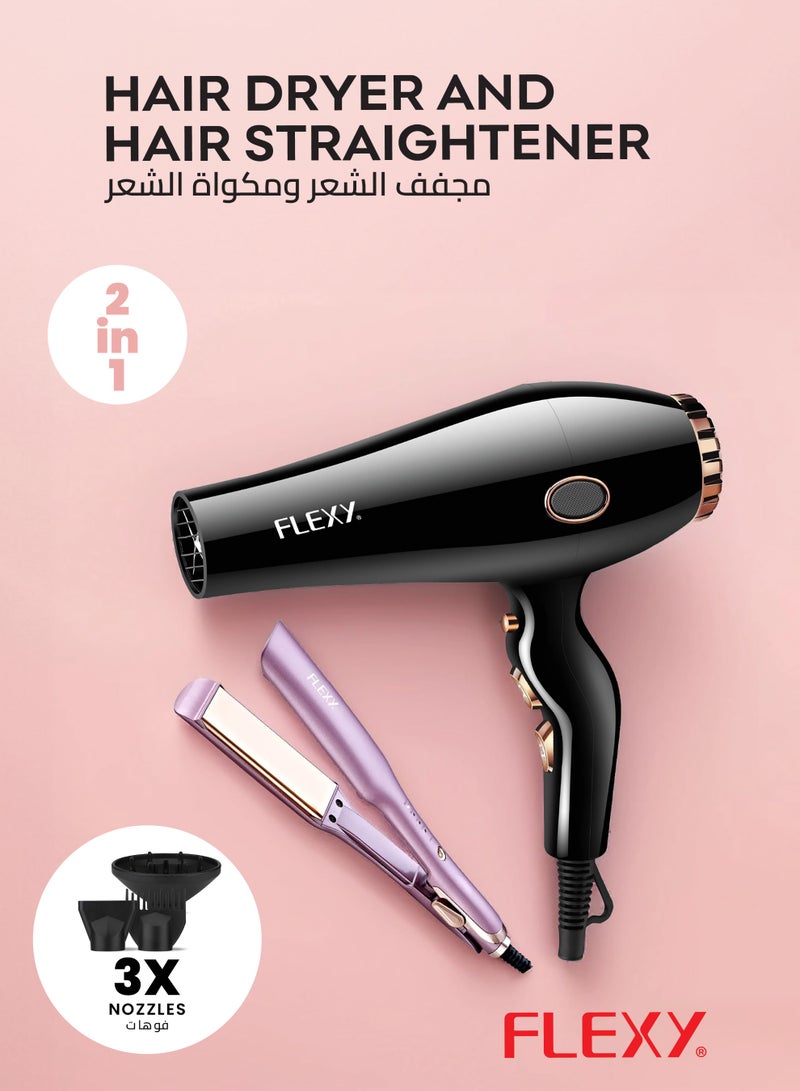 Flexy 2-in-1 Hair Dryer & Straightener Combo, 2000W AC Motor Dryer with 3 Nozzles, Fast-Heating Straightener, Digital Temperature Display, Hot & Cold Air, Salon & Home Use, 2 Years Warranty - Image 2