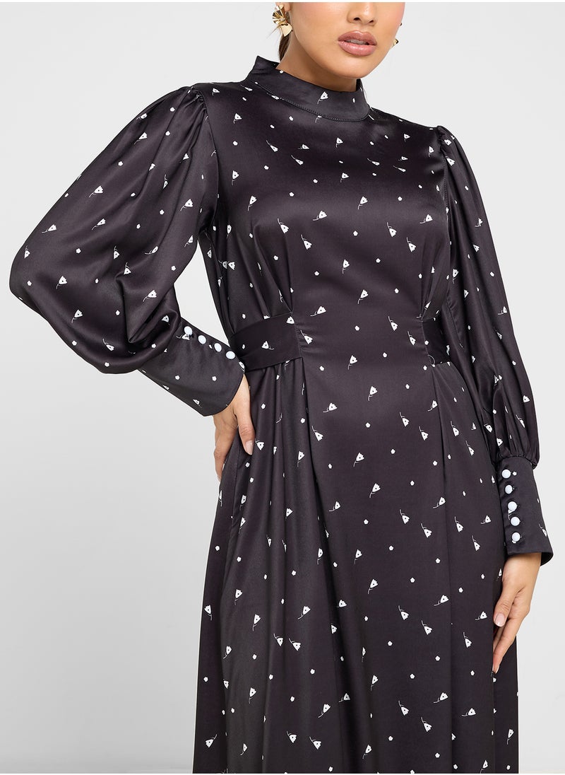 ELLA Ditsy Print Dress With Puff Sleeves  - Image 3