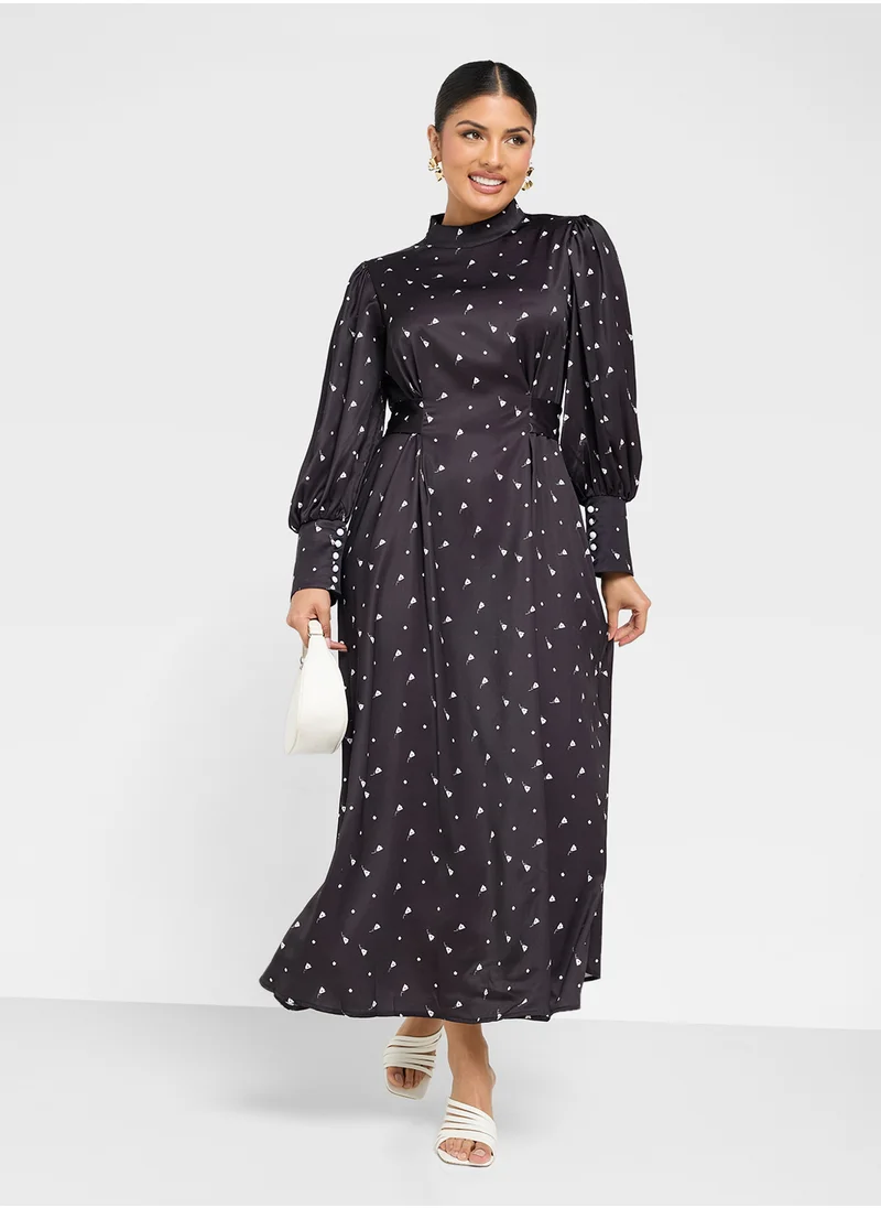 ايلا Ditsy Print Dress With Puff Sleeves