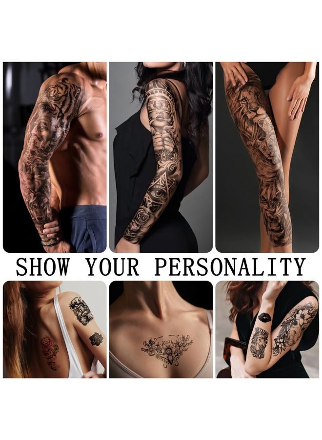 SOOVSY 46 ورقة وشم مؤقت كامل الذراع مع أسد، أكمام وشم مؤقت للرجال، وشوم مزيفة للبالغين واقعية مع زهور، وشوم كاملة للنساء، ذئب، نسر وغزال - Image 3