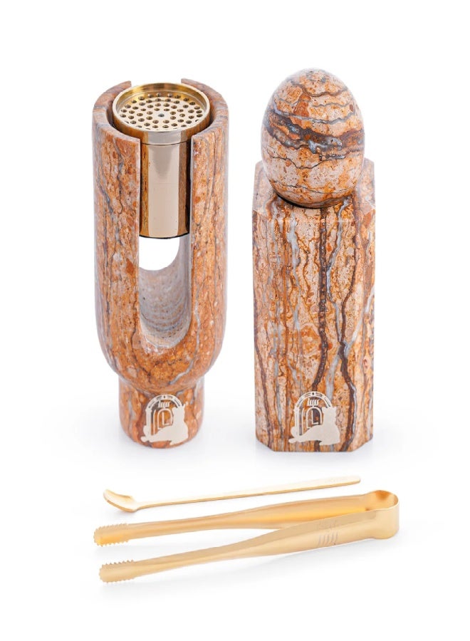 Layers Ofra (Marron Marble) Incense Burner & Oud Storage Mini – Natural Marble with Golden Accessories - Image 2
