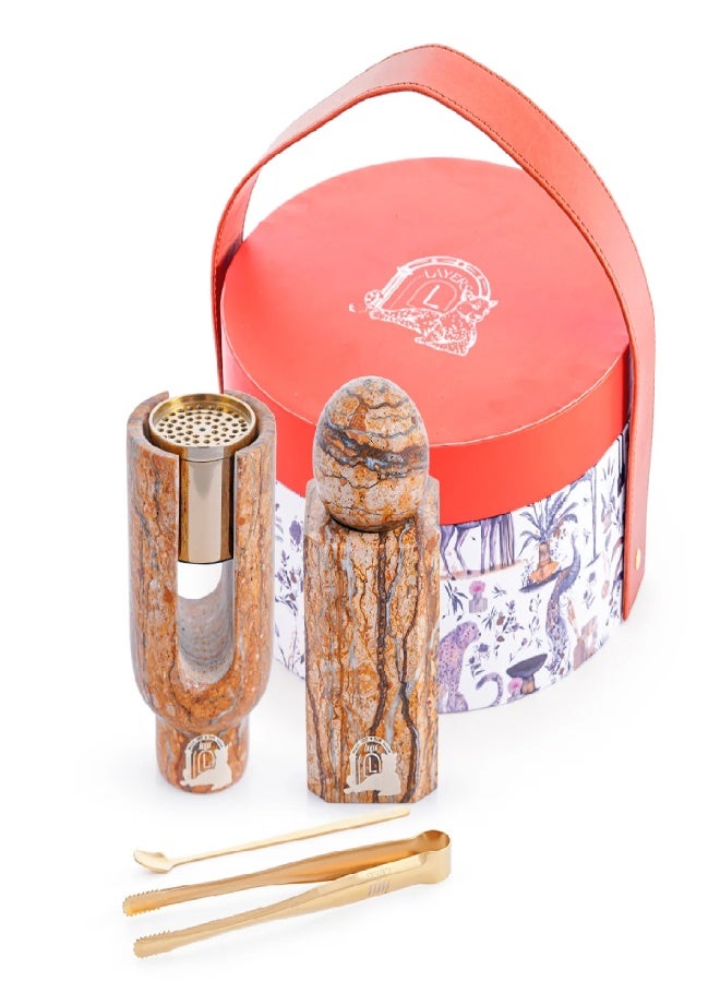 Layers Ofra (Marron Marble) Incense Burner & Oud Storage Mini – Natural Marble with Golden Accessories - Image 1