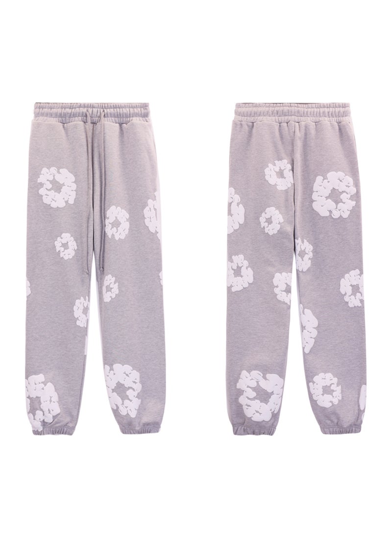 Generic Hip Hop Cotton Hoodie Streetwear Set Grey trousers (white wreath) 