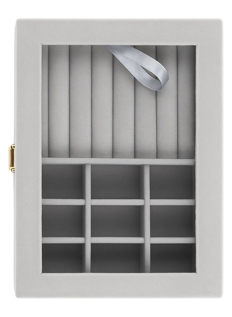 Velvet Jewelry Organizer Box with Glass Lid – Ring Slots & 9-Grid Compartment Storage Case - Image 3