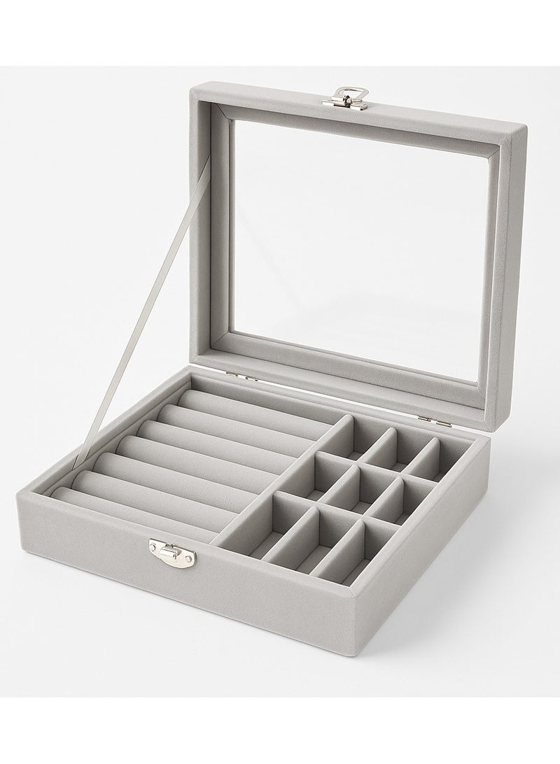 Velvet Jewelry Organizer Box with Glass Lid – Ring Slots & 9-Grid Compartment Storage Case - Image 1