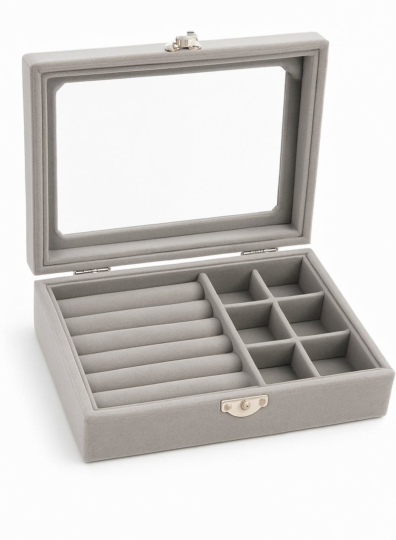 Velvet Jewelry Organizer Box with Glass Lid – Ring Slots & 9-Grid Compartment Storage Case - Image 2