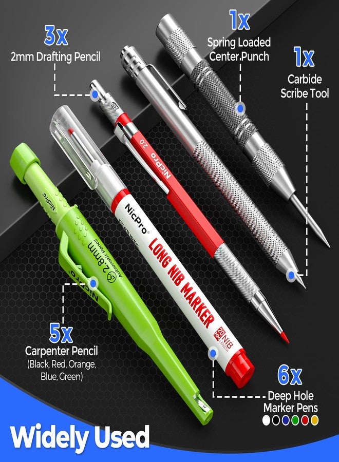 Nicpro 44 Pack CP3000 Carpenter Pencils with Sharpener, Mechanical Carpenter Pencil set with 169PCS Refills, Long Nib Marker Pens, Carbide Scribe Tool & Construction Pencils for Architect Woodworking - Image 5
