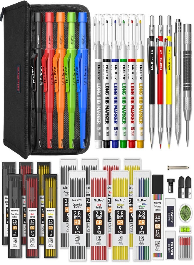 Nicpro 44 Pack CP3000 Carpenter Pencils with Sharpener, Mechanical Carpenter Pencil set with 169PCS Refills, Long Nib Marker Pens, Carbide Scribe Tool & Construction Pencils for Architect Woodworking - Image 1