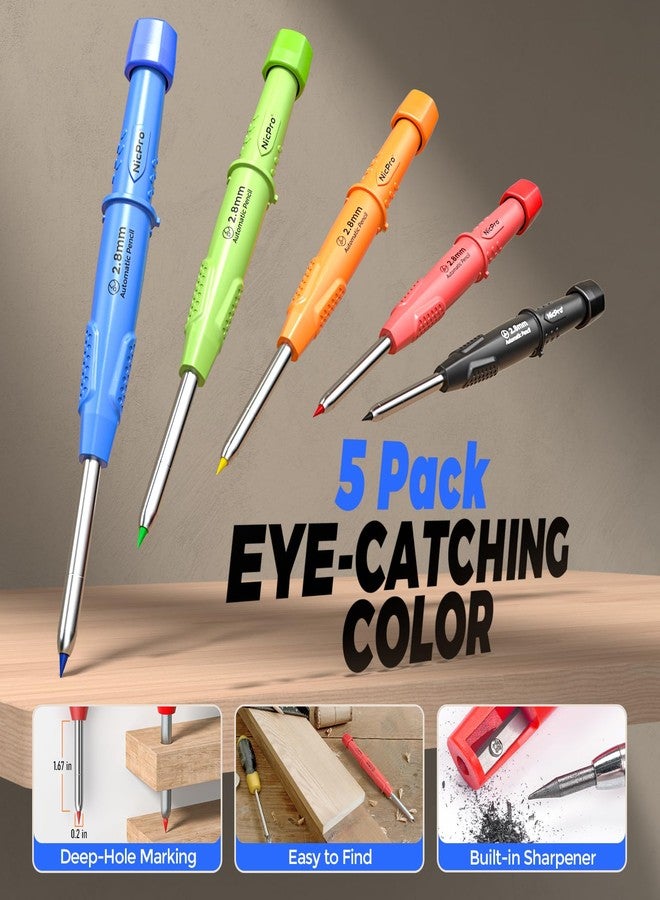 Nicpro 44 Pack CP3000 Carpenter Pencils with Sharpener, Mechanical Carpenter Pencil set with 169PCS Refills, Long Nib Marker Pens, Carbide Scribe Tool & Construction Pencils for Architect Woodworking - Image 2
