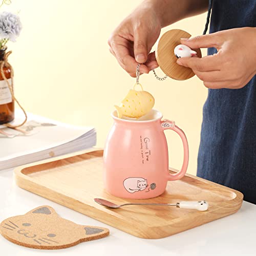 BigNoseDeer Kawaii Tea Cup with Infuser Cute Cat Mug Ceramic Coffee Mug Tea Mug Pink Cute Cool Preppy Stuff Gifts for Women Cat lover Gifts 13oz - Image 3