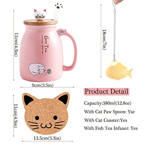 BigNoseDeer Kawaii Tea Cup with Infuser Cute Cat Mug Ceramic Coffee Mug Tea Mug Pink Cute Cool Preppy Stuff Gifts for Women Cat lover Gifts 13oz - Image 5