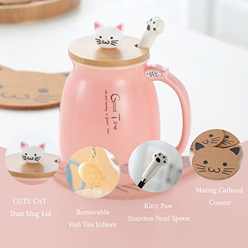 BigNoseDeer Kawaii Tea Cup with Infuser Cute Cat Mug Ceramic Coffee Mug Tea Mug Pink Cute Cool Preppy Stuff Gifts for Women Cat lover Gifts 13oz - Image 2
