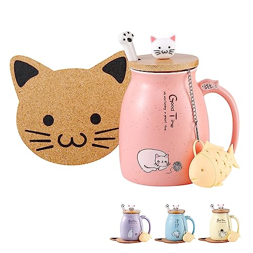 BigNoseDeer Kawaii Tea Cup with Infuser Cute Cat Mug Ceramic Coffee Mug Tea Mug Pink Cute Cool Preppy Stuff Gifts for Women Cat lover Gifts 13oz - Image 1