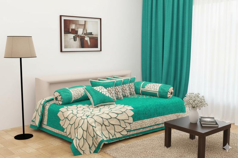 FRESH FROM LOOM 500 Tc Chenille Divan Sets for Living Room; Dining Hall -8 Piece (1 diwan bedsheet, 5 Cushion Covers, 2 Bolster Covers), Multicolor - Image 5