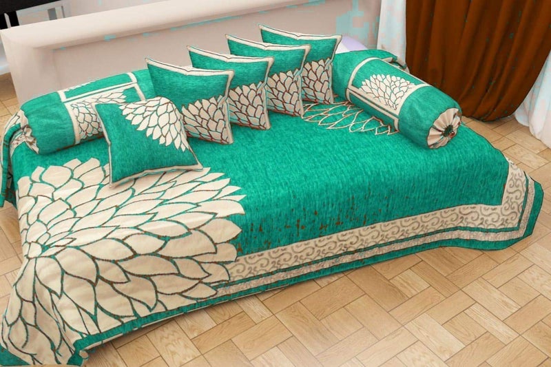 FRESH FROM LOOM 500 Tc Chenille Divan Sets for Living Room; Dining Hall -8 Piece (1 diwan bedsheet, 5 Cushion Covers, 2 Bolster Covers), Multicolor - Image 4