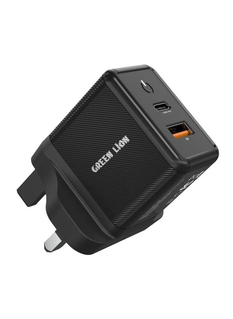 GREEN LION - 35W Gan Wall Charger - Two Ports  USB-A port And USB-C port - Fast chargering - With Cable USB-C To USB-C 1M - Black - Image 1