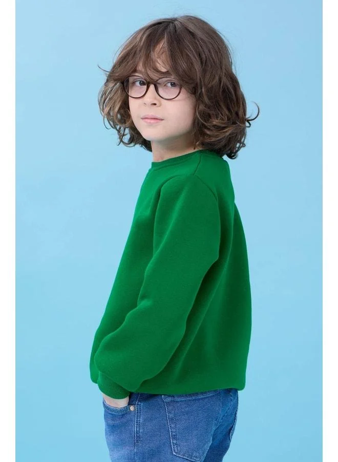 Perendi Unisex Basic Bicycle Neck Sherpa Winter Sweatshirt - Green.