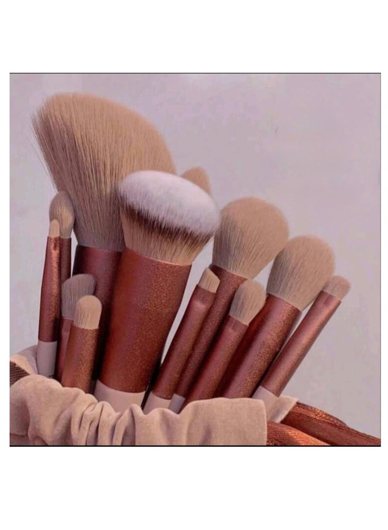 14pcs Makeup Brush Set, Including Coffee-Colored Powder Brush, Blush Brush, Contour Brush, Eye Shadow Brush, Sponge, Makeup Egg, Beginner Essential, Portable Storage Bag, Travel Makeup Tool - Image 1