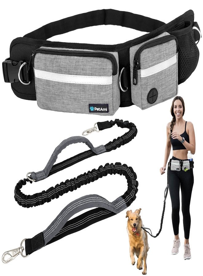 PetAmi Hands Free Dog Leash Belt Bag for Walking, Jogging - Double Zipper Pouch with Poop Bag Dispenser, Dual Padded Handles Reflective Bungee Leash, Single (Heather Grey) - Image 1