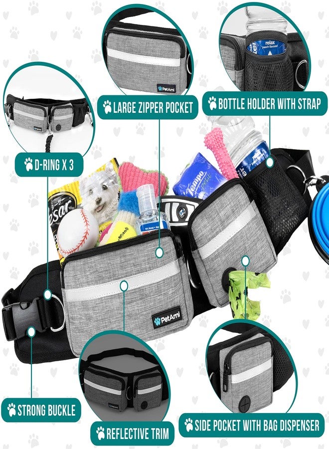 PetAmi Hands Free Dog Leash Belt Bag for Walking, Jogging - Double Zipper Pouch with Poop Bag Dispenser, Dual Padded Handles Reflective Bungee Leash, Single (Heather Grey) - Image 3