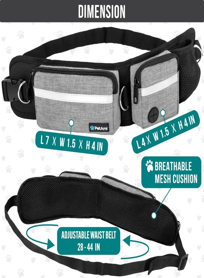 PetAmi Hands Free Dog Leash Belt Bag for Walking, Jogging - Double Zipper Pouch with Poop Bag Dispenser, Dual Padded Handles Reflective Bungee Leash, Single (Heather Grey) - Image 2