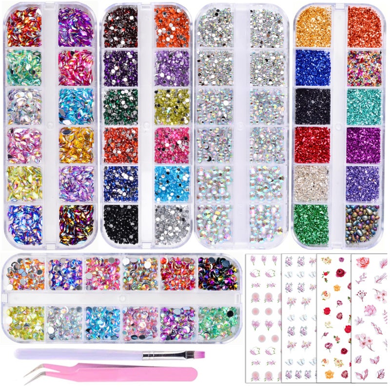 editTime 5 Boxes Gold & Silver Metal Nail 3D Punk Studs Star Moon Heart Triangle Square Rivet Gems Nail Art Jewels with a Curved Tweezers and a Nail Brush and a Wax Pen Picker (4-Multicolor) - Image 1