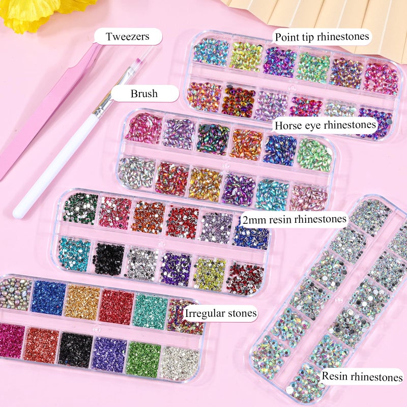 editTime 5 Boxes Gold & Silver Metal Nail 3D Punk Studs Star Moon Heart Triangle Square Rivet Gems Nail Art Jewels with a Curved Tweezers and a Nail Brush and a Wax Pen Picker (4-Multicolor) - Image 3