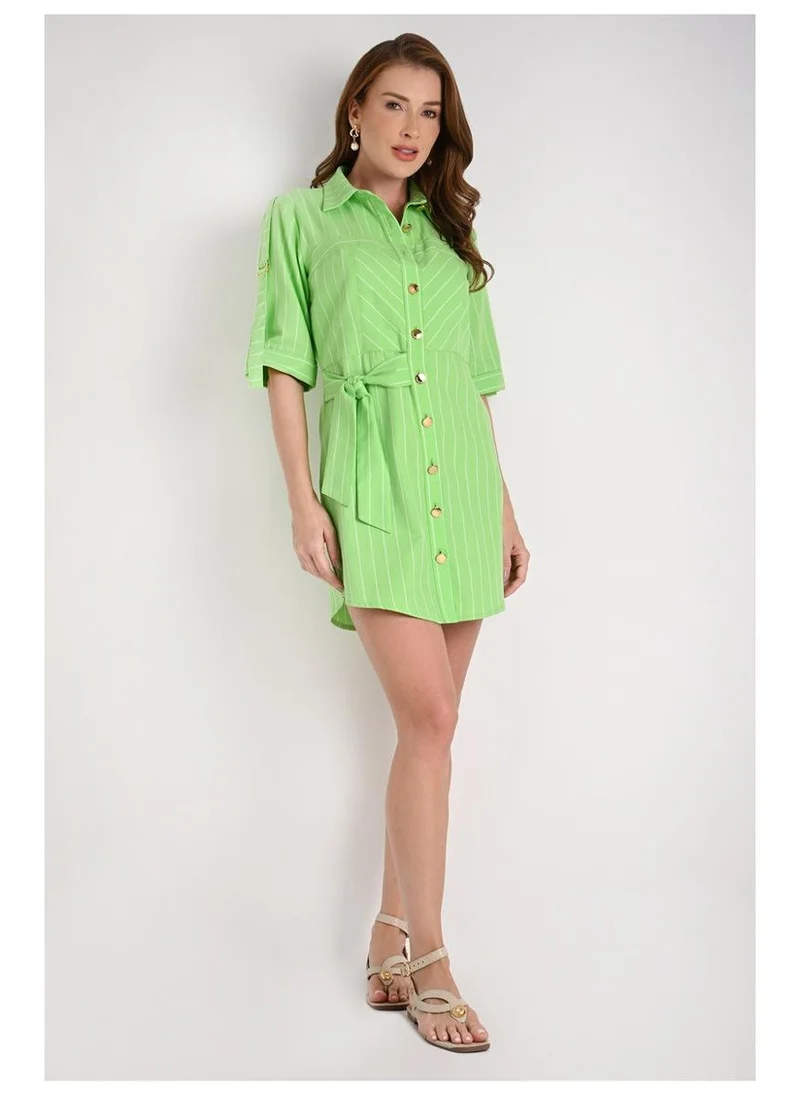 Shirt Dress With Green Striped Cutouts