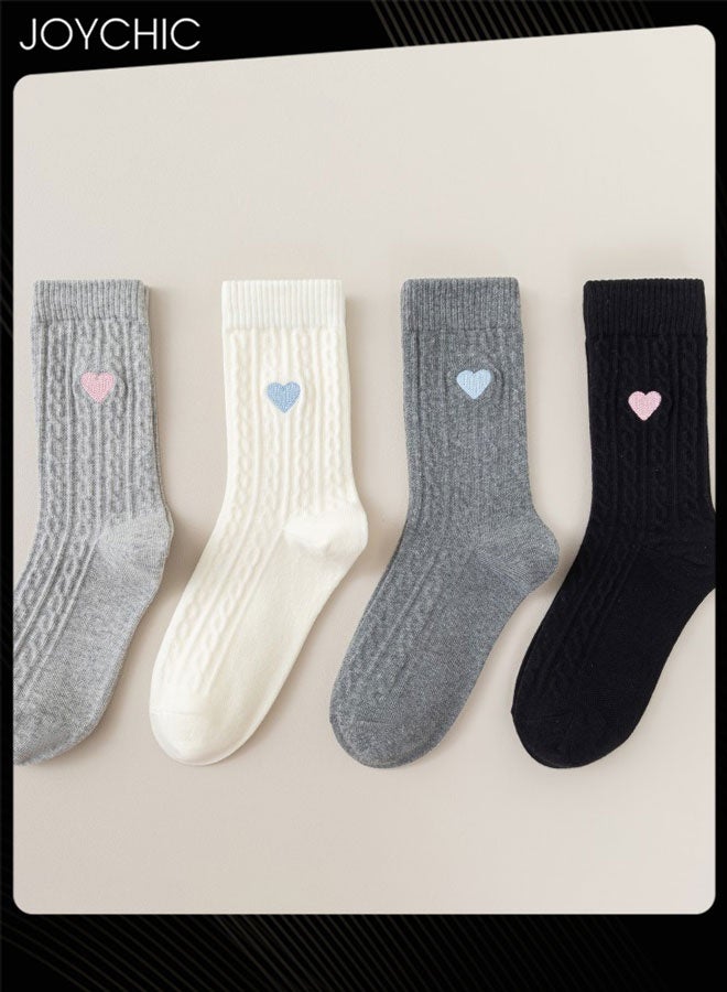 Joychic 4 Pair of Korean-style Love Embroidery Pattern Women Autumn and Winter Warm Socks - Image 1