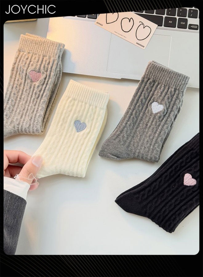 Joychic 4 Pair of Korean-style Love Embroidery Pattern Women Autumn and Winter Warm Socks - Image 2