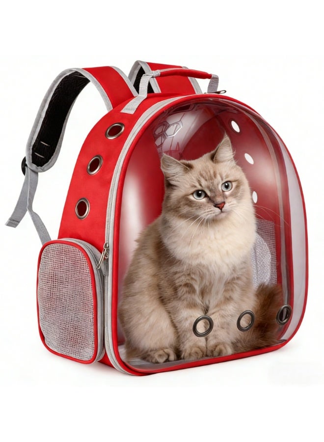 حقيبة ظهر محمولة على شكل كبسولة فضائية للحيوانات الأليفة من الكلاب والقطط، كبسولة شفافة توفر رؤية بانورامية بزاوية 360 درجة، شبكة مسامية وأحزمة قابلة للتعديل، مريحة للسفر والتسوق والتخييم في الهواء الطلق (أحمر) - Image 1