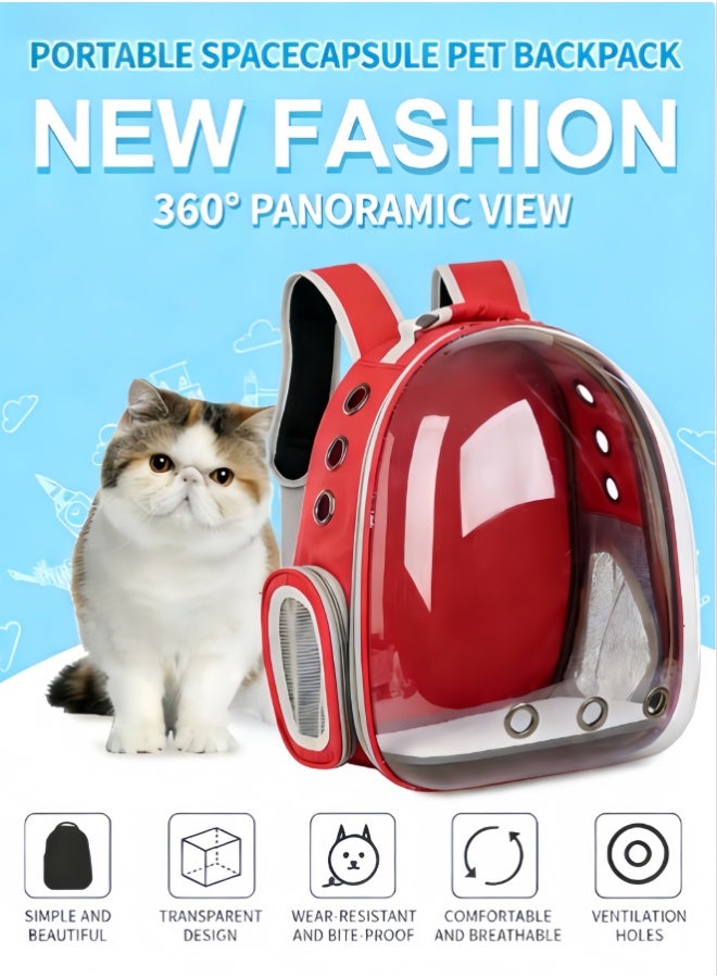 حقيبة ظهر محمولة على شكل كبسولة فضائية للحيوانات الأليفة من الكلاب والقطط، كبسولة شفافة توفر رؤية بانورامية بزاوية 360 درجة، شبكة مسامية وأحزمة قابلة للتعديل، مريحة للسفر والتسوق والتخييم في الهواء الطلق (أحمر) - Image 2