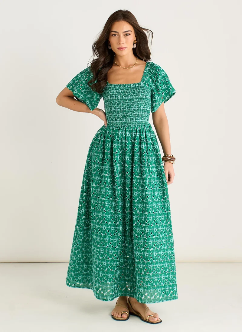 Gini London Green Floral Broderie Shirred Midi Dress