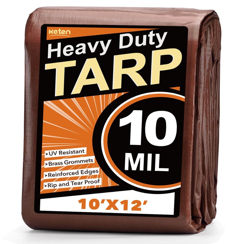 Keten Tarps Heavy Duty Waterproof 10x12Ft, 10 Mil Thick Multipurpose Poly Tarp Tear & Fade Resistant, UV Blocking, Outdoor Tarp with Reinforced Grommets for Roof, Camping, Patio, Pool (Brown/Silver) - Image 1
