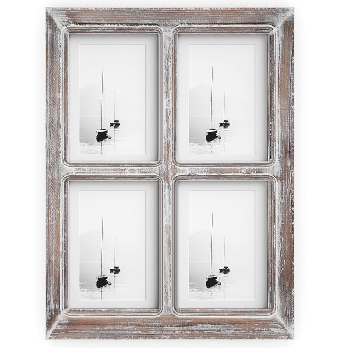 4X6 OR 5X7 COLLAGE PICTURE FRAMES 4 PHOTO OPENINGS WMAT FOR MULTIPLE PICTURES DISTRESSED RUSTIC WOOD FARMHOUSE FRAME FOR WALL 16X12 BROWN