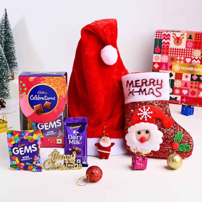 FlowerAura Christmas Secret Santa Gift Hamper of Christmas Socks, Chocolate Box, Decor Items, Santa Cap, Merry Christmas Tag | Employee Gifting | Christmas Gift Box For Family, Friends & Colleague - Image 2